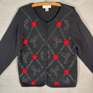 Lisa International Cardigan Sweater‎ L Beaded Poinsettia Holly Christmas Holiday